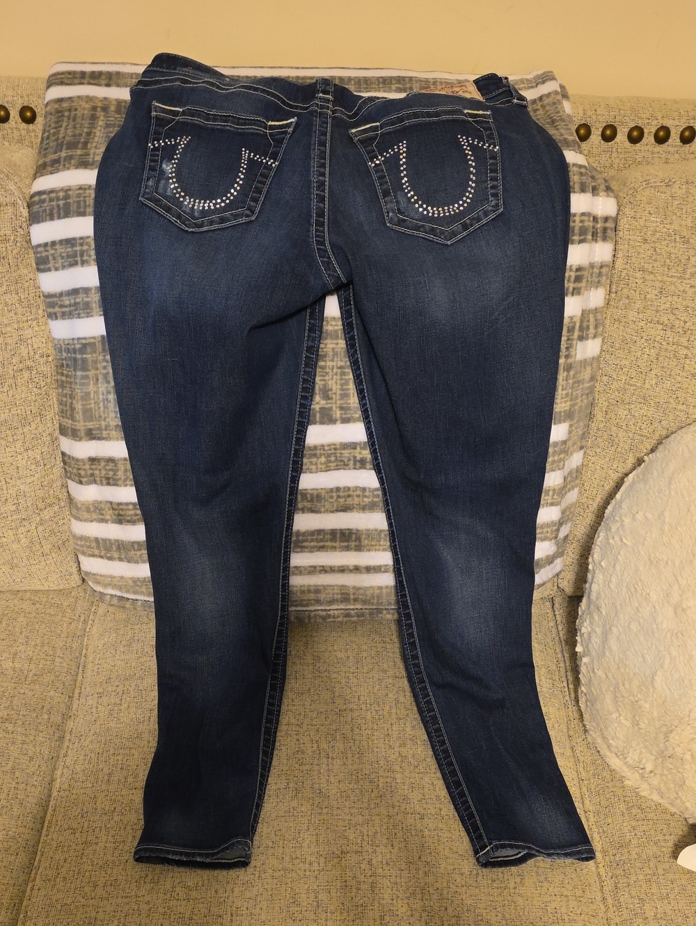 True Religion Dark Blue Women's Skinny Jeans with Rhinestone Pocket Detail